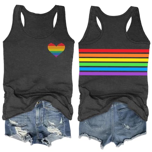 Image of Ithalt Pride Tank Top for Women LGBT Rainbow Flag Shirt Love Heart Graphic Tee Lesbian Gay Pride Sleeveless Vest