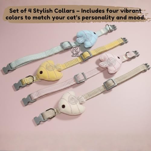 Image of PAWPRO HANDMADE Cat Collars with Breakaway Buckle - Set of 4, Adjustable 8-13 Inches, 1 /2 Inch Width, Soft Double‑Layer Nylon with Cute Fish Charm, Stylish & Comfortable (Multicolor)