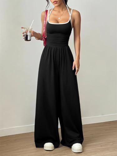 Floerns Women's Summer Jumpsuit Romper Spaghetti Strap Wide Leg Baggy Pants - 2