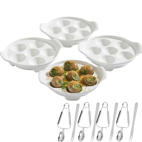 Escargot Baking Dish 4 Pack Ceramic Escargot Dish 6 Holes Escargot Plates 6.5 Inch Snail Dish Escargot Serving Dish Escargot Pan for Home Kitchen Restaurant (with Tong and Fork)