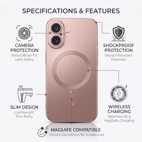 Image of amazon basics Premium Mag-Safe Case for iPhone 16 | Shockproof & Anti-Scratch Cover | Soft Silicone with Wireless Charging | Camera Lens Guard - Rose Gold