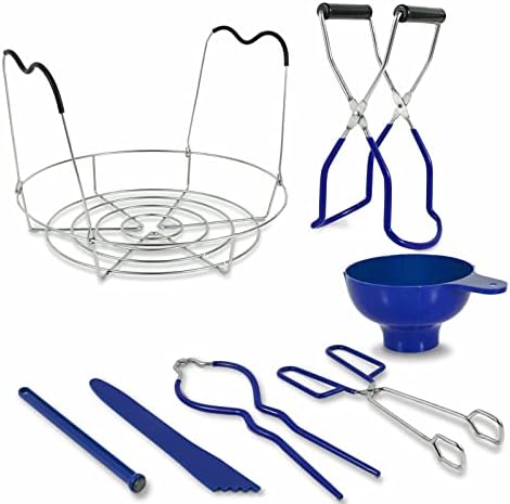 Landun 7 in 1 Canning Kit lude Steamer Rack,Canning Funnel,Jar Lifter,Wrench, Tongs,Lid Lifter/Bubble Remover Tool.Suitable for easy learning and making of household mason canning (Blue)