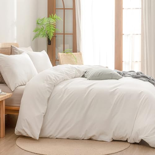 Image of BESTOUCH Cotton Solid Duvet Cover Set Linen Feel Off White Alaska King | 100% Washed Cotton, Soft Wrinkle Texture, Hidden Zipper, 8 Ties, Breathable Lightweight Durable Comfy, 3 Pcs No Insert