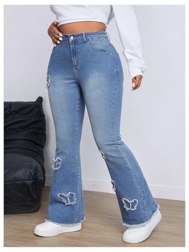 MakeMeChic Women's Plus Size Ripped Raw Hem Jeans Pocket Bell Bottom Y2K Long Denim Pants4