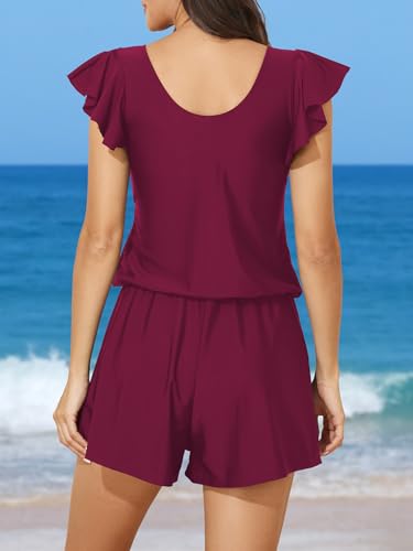 Image of Smismivo Swim Romper with Built in Bra and Pockets Swim Dress Modest One Piece Swimsuit Full Coverage Bathing Suit