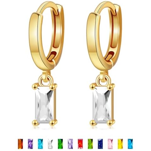 MISS RIGHT April Diamond Birthstone Small Huggie Hoop Dangle Earrings for Women Trendy, Dainty Gold Hypoallergenic Baguette Crystal Diamond Drop Earrings Valentines Gifts Cover