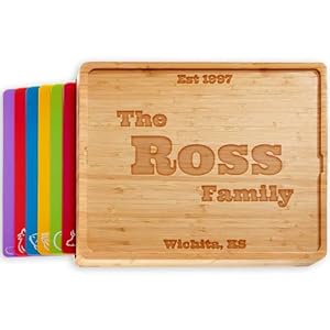 Personalized Easy-to-Clean Bamboo Wood Cutting Board with set of 6 Color-Coded Flexible Cutting Mats with Food Icons – Chopping Board Set