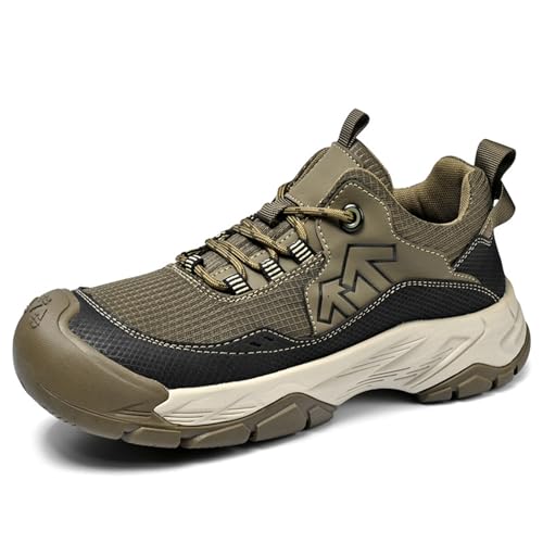 NBZKBNG Men's Mesh Outdoor Hiking Sneakers Fashion Breathable Wide Toe Anti-Slip Lace Up Low-Top Platform Walking Sport Shoes for Work Climbing Camping Driving (Khaki,8)