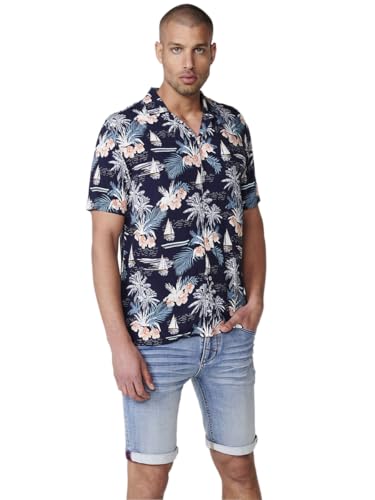 Koroshi Camisa de Manga Corta con Cuello Pico y Estampado Tropical en Navy para Hombre – 100% Viscosa, de Color Navy, Talla M