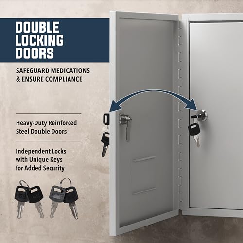 Durabox 2-Door Narcotics Cabinet - Double Door & Dual Key Lock Steel Cabinet for Safe Storage of Medicine, Prescription Drugs, Medical Supplies and More, 10\" W x 15\" H x 4-1/2\"D (Grey, Small)