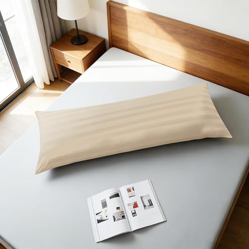 Image of 100% Egyptian Cotton Body Pillow Cover Long Pillow Case, 600 Thread Count Bed Pillow Protector with Zipper, Sateen Weave Full Body Pillowcase for Adults 20x54 Inches (1PC, Body, Striped Beige)