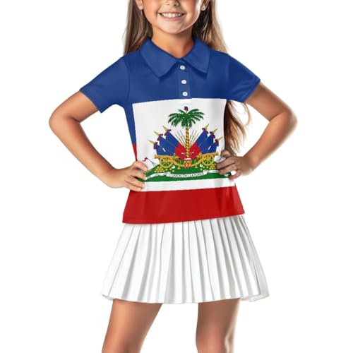 ENLACHIC Girls Golf Polo Shirts Haitian Flag Print Short Sleeve Button Up Summer Casual Tennis Collared Shirts,Haiti Flag 1,13-14