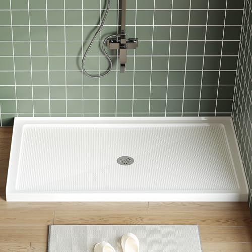 GarveeTech 60" x 32" Shower Pan - Center Drain, Non-Slip Textured Surface, ABS Single Threshold Shower Base with Drain Kit, Easy Installation, White,