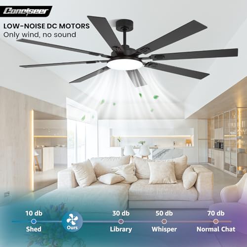 Image of 72 Inch Ceiling Fans with Lights and Remote, Dual Color 8 Blades, Bedroom Living Room Office Library Cafe Outdoor Industrial, 3CCT Dimmable, 6 Speed Reversible Quiet DC Motor, Black /Wood Grain