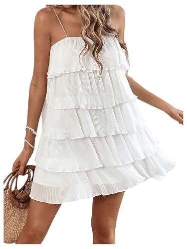 MakeMeChic Women's Summer Beach Spaghetti Strap Sundress Flowy Layer Ruffle Hem Cami Short Dresses