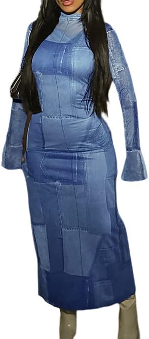 DOUCIUWomen Dress Bodycon Personality Distressed Denim Print Long Sleeve Slim Street Maxi Dresses