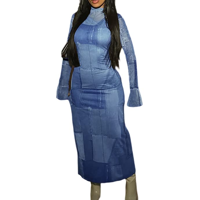 DOUCIUWomen Dress Bodycon Personality Distressed Denim Print Long Sleeve Slim Street Maxi Dresses