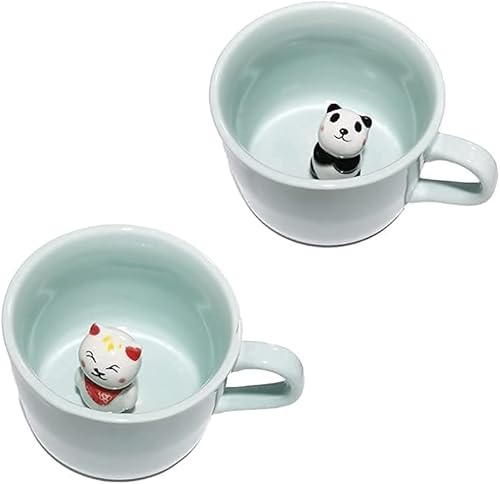 ZaH Taza de café con diseño de animales con diseño de dibujos animados en 3D, para niños, niñas, mujeres, hombres (panda y gato de la suerte)