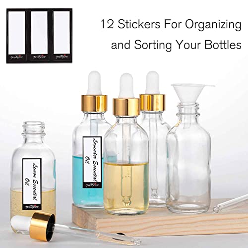 Prettycare Eye Dropper Bottle 1 Oz (4 Pack Clear Glass Bottles 30Ml With Golden Caps, 1 Extra Plastic Measured Pipettes, 12 Labels, Funnel) Empty Tincture Serum Bottles For Essential Oils, Perfume #TOP3