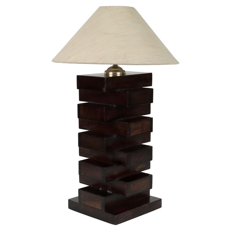 Image of tu casa Table Lamps with Mango Wood Base & Off-White Cotton Shades for Home Decor, Bedrooms, Living Room, Gifting, Diwali Decoration, Dining Space, Study Room, Hall (Height- 54cm) - Bulb not Included