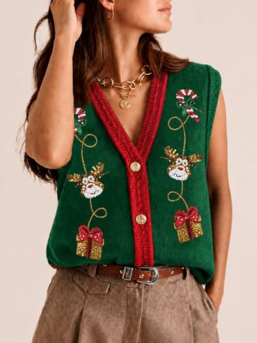 Image of Women Christmas Sweater Vests Santa Claus Sleeveless Cardigan | Women Christmas Sequin Sweater Vests, Button Down, Gingerbread Man Print, Christmas Holiday Tank Top