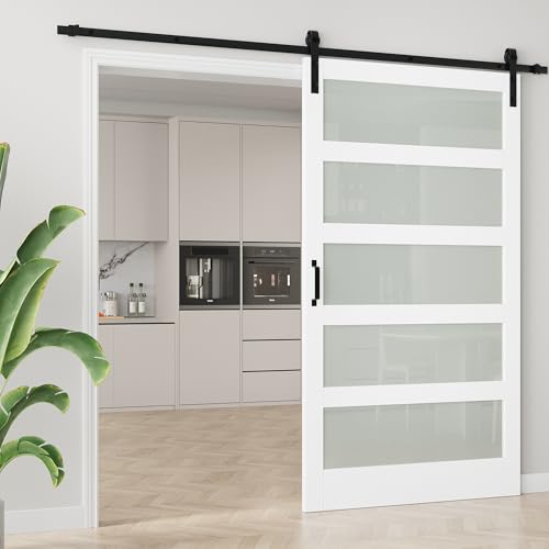 Image of 48 inchx84 inch Frosted Glass Barn Door with 8FT Sliding Hardware & Handle, White | Pre-Drill Holes Barn door for Easy Assembly, Solid Wood Sliding Barn Door with Excellent Privacy Protection & Sound Reduction