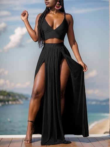 Image of Women Sexy 2 Piece Outfits Dress Chiffon Strap Deep V Neck Bra Crop Top High Split Maxi Dresses Skirt Set