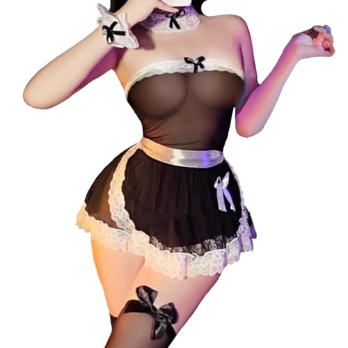 KFLY Damen Sexy Spitze Maid Outfit Anime Cosplay Kostüm Lingerie Kleid transparent Lace Schürze für Rollenspiel (Schwarz, XL)