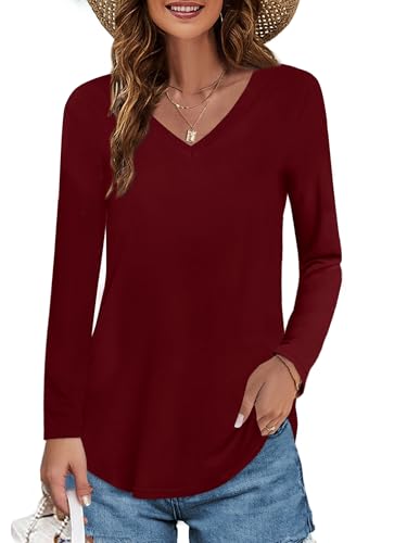 Image of Elesomo Womens T Shirts V Neck Summer Short /Long Sleeve Cotton Tops Tees