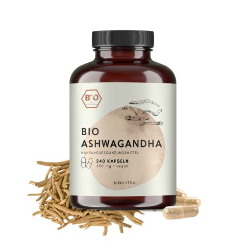 BIONUTRA® Ashwagandha bio | 240 gélules de 650 mg | 184 g | 3 Mois de consommation | Agriculture biologique | Végan | Sans additifs | Sans conservateurs | 100% Ashwagandha bio | Fabriqué en Allemagne Cover