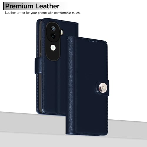 Image of Pikkme Flip Cover Leather Finish | Inside TPU with Card Pockets | Wallet Stand and Shock Proof | Complete Protection Button Flip Case for Vivo V40e 5G / iQOO Z9s 5G(Blue)