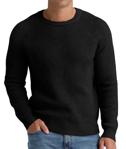 NITAGUT Mens Crewneck Pullover Sweater Waffle Textured Solid Knitted Soft Long Sleeve Sweaters with Ribbing Edge,Black, Large