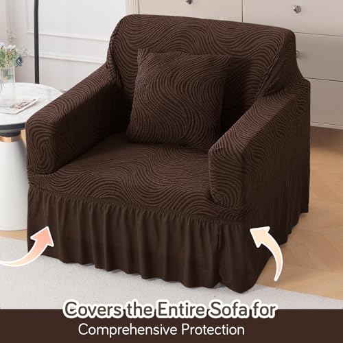 Image of HOKIPO 1 Seater Sofa Cover with Frill - 240 GSM Premium Jacquard Stretchable Fully Covered Slipcover, 'Serene Wave Series' Dark Chocolate (AR-6352-DCHOC)