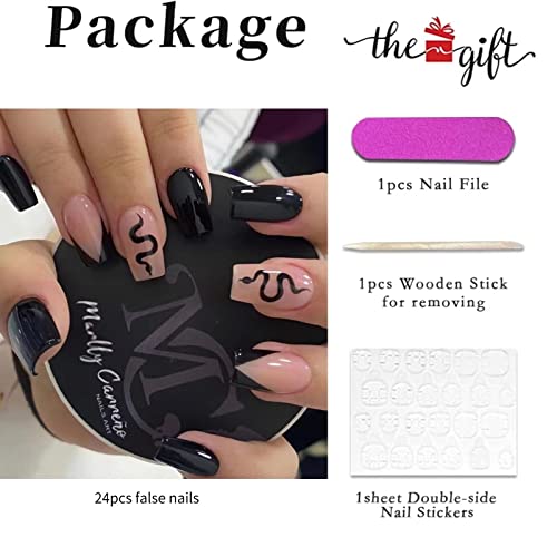 RUNRAYAY Black & Nude French Medium Fake Nail, Press on False Nails with Snake Design - Image 2