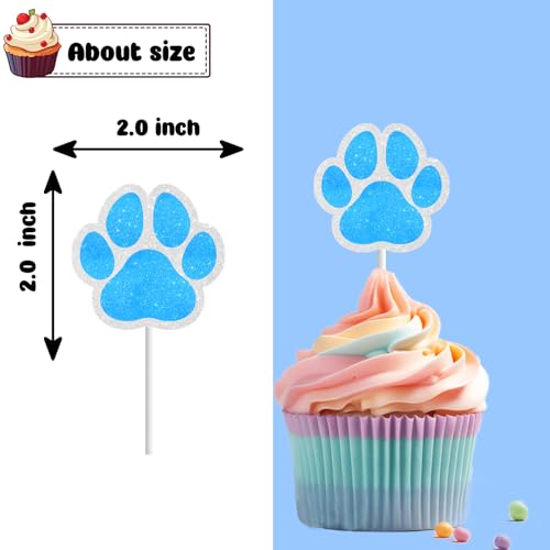 18 PCS Paw Print Cupcake Toppers for Boys Baby Shower Blue Glitter Bone Puppy Cake Toppers Dog Birthday Themed Party Decorations Let\'s Pawty Supplies