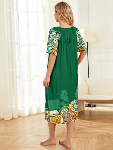 udforsk Mumu Dress Nightgown for Grandma Womens Lounge Dresses Short Sleeve Muumuu Cotton House Coats Female Womens Nightgowns Plus Size Moomoo Dress Green Mandala Flower XXL — view 3