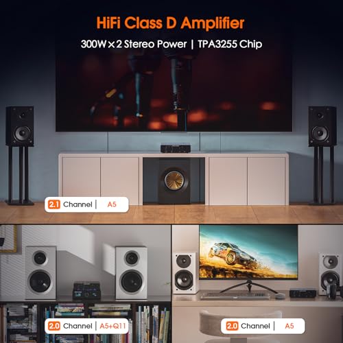 Douk Audio Wzmacniacz stereo A5 TPA3255, 600 W, mini wzmacniacz mocy audio HiFi, klasa D, do systemu kina domowego, pasywny regał, kolumna, głośnik z filtrem górnoprzepustowym + zasilacz sieciowy 48 V
