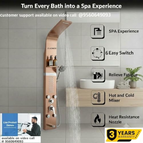 Image of X-Xonier 304 Grade Stainless Steel Shower Panel 6 in 1 Shower System Handshower with Waterfall Outlet Tub Spout Body Massage Spray With Hot &cold Mixer Rose Gold