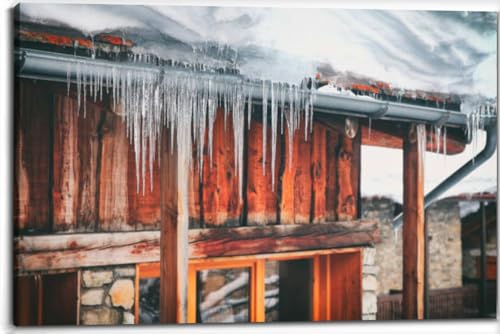 Close up balcony common wooden chalet winter stalactites and snow
