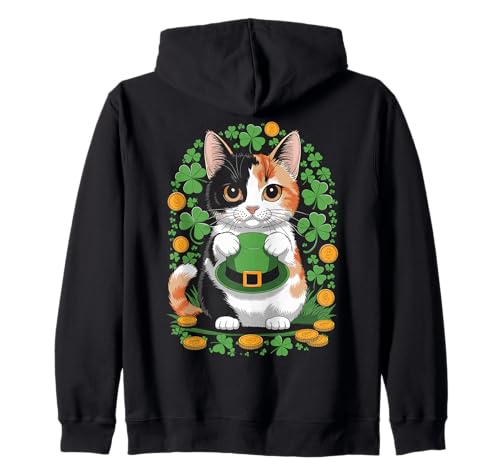 かわいいアイルランドの幸運の三毛猫、楽しいシャムロックハット。 ジップパーカー
