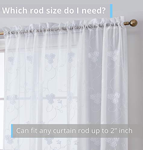 Hlc.me Allegra Floral Vine Embroidered Sheer Voile See Through Light Filtering Floor Length Window Curtain Drapery Rod Pocket Top Panels For Bedroom & Living Room, Set Of 2 (54 W X 84 L, White) #TOP2
