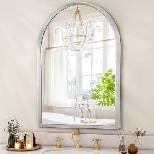 Image of Arched Wall Mirror, 26 inchx18 inch Silver Arch Mirror, Metal Frame Bathroom Mirrors, Arched Vanity Mirror for Living Room Bedroom Mantel Entryway