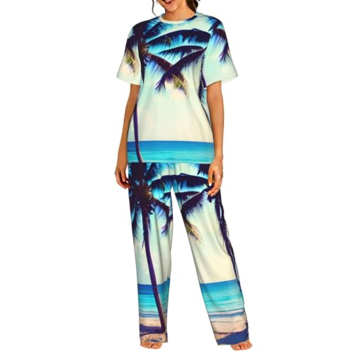 Pyjama manches courtes femme anti-transpiration vêtement de nuit motif palmiers ultra doux