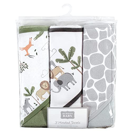Image of Hudson Baby Unisex Baby Cotton Rich Hooded Towels, Safari Life, One Size