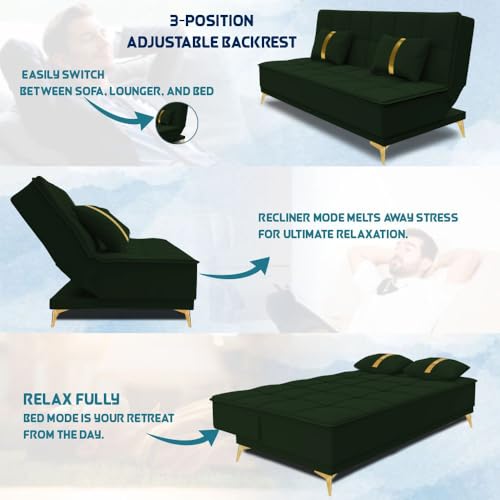 Image of Adorn India Premium New Alyssum 3 Seater Sofa Cum Bed 4X6 Velvet Suede with 2 Cushions (Color Green) and Suitable for All Indoor, with 3 Years Warranty