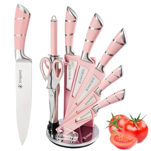 Kitchen Knife Set, Wekity 9 Piece Pink Sharp Non-Stick Coated Chef Knives Block Set,Stainless Steel Knife Set for Kitchen with Sharpener for Cutting Slicing Dicing Chopping