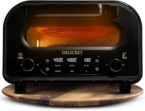 DELICRET elektrischer Pizzaofen 12 - bis zu 450℃ - 1700 Watt - Backraumtemperatur und Steintemperatur getrennt einstellbar
