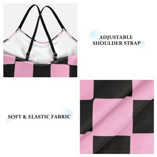 Pink Chessboard Black Girls One Piece Swimsuits Pink Sport Halter Swimwear Beach Bathing Suit 7-8T3