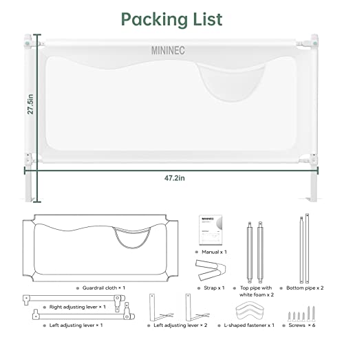 Mininec Bed Rail For Toddlers Baby, Long Toddler Bedrail Guard For Kids Children, Strong Babies Bed Rail For Twin, Full Size, Queen & King Mattress With Reinforced Anchor Safety White 47.2 * 27.5 In #TOP4