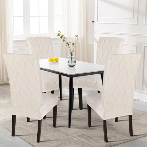 Image of SearchI Water Repellent Dining Room Chair Cover,6 Pack,Beige Flower Pattern | Stretch Jacquard, Parsons Chair Slipcovers, Removable Washable, Kitchen Chair Protector Cover for Dining Room, Hotel, Banquet